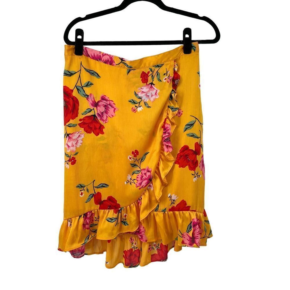 Old Navy Yellow Pink Floral Faux‎ Wrap Partial Elastic Waist Skirt Womens L